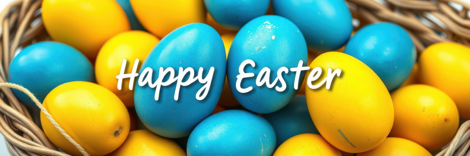 Colorful Easter eggs surrounded by a woven basket create a vibrant holiday atmosphere